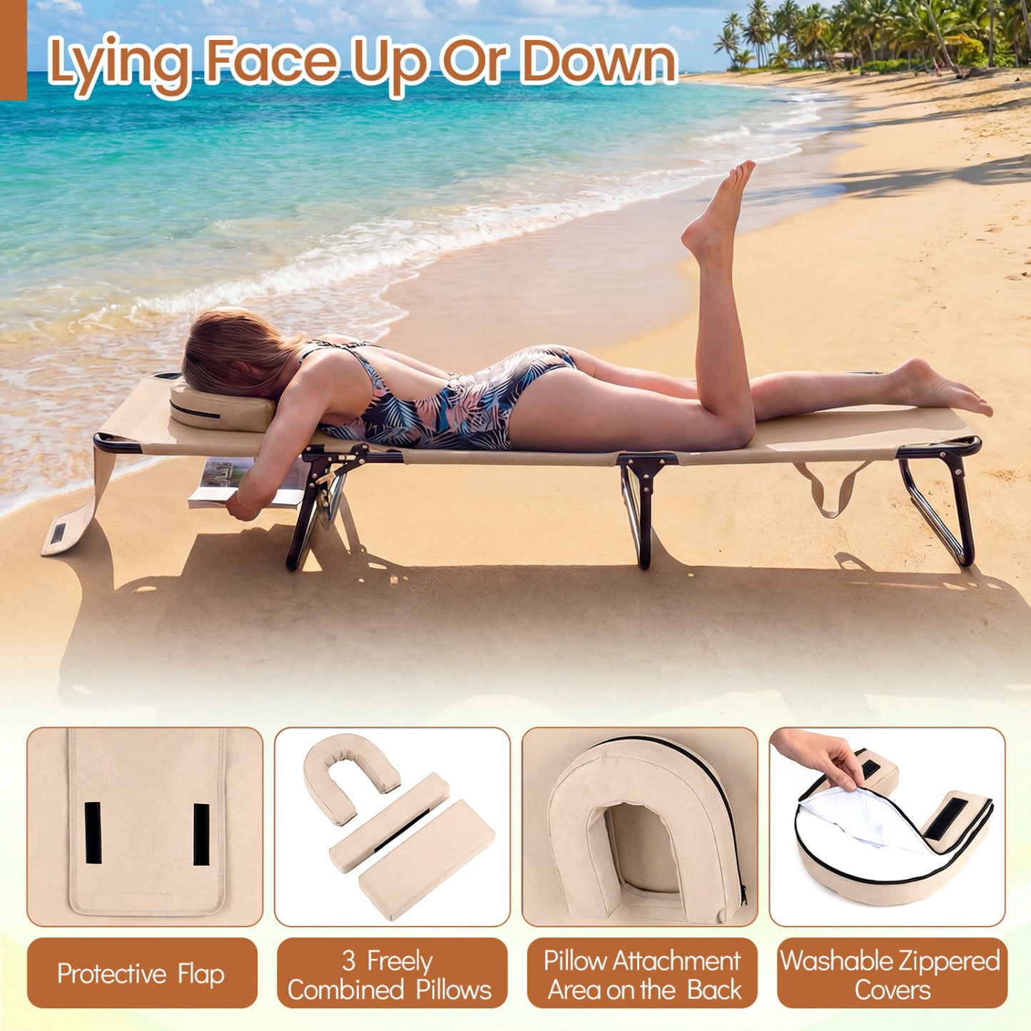 Folding Tanning Chair with Face Hole & 3 Removable Pillows