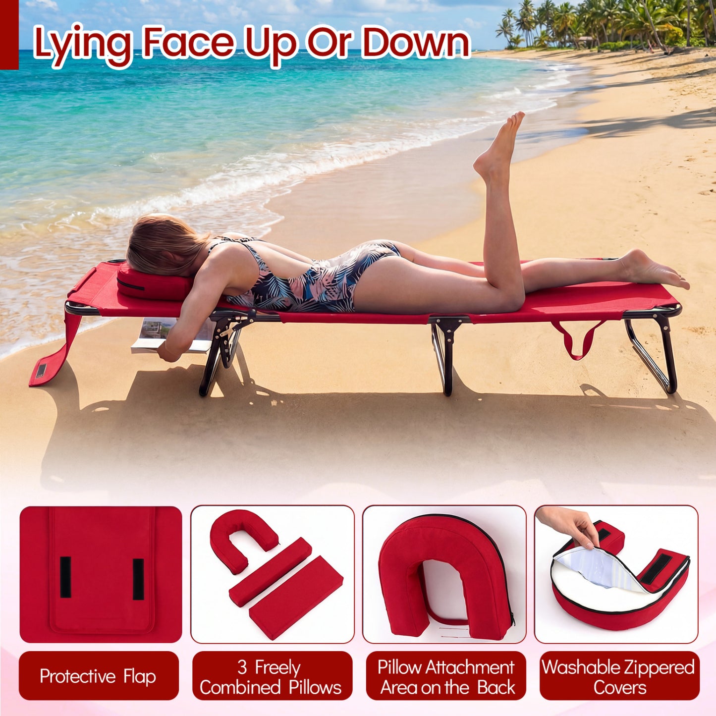 Folding Tanning Chair with Face Hole & 3 Removable Pillows