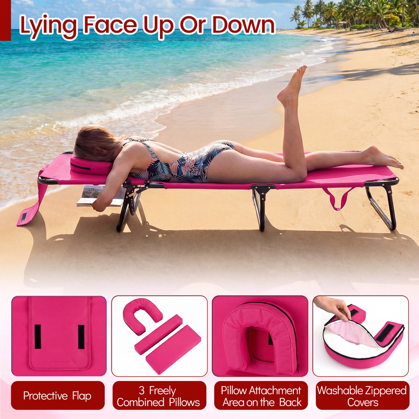 Folding Tanning Chair with Face Hole & 3 Removable Pillows