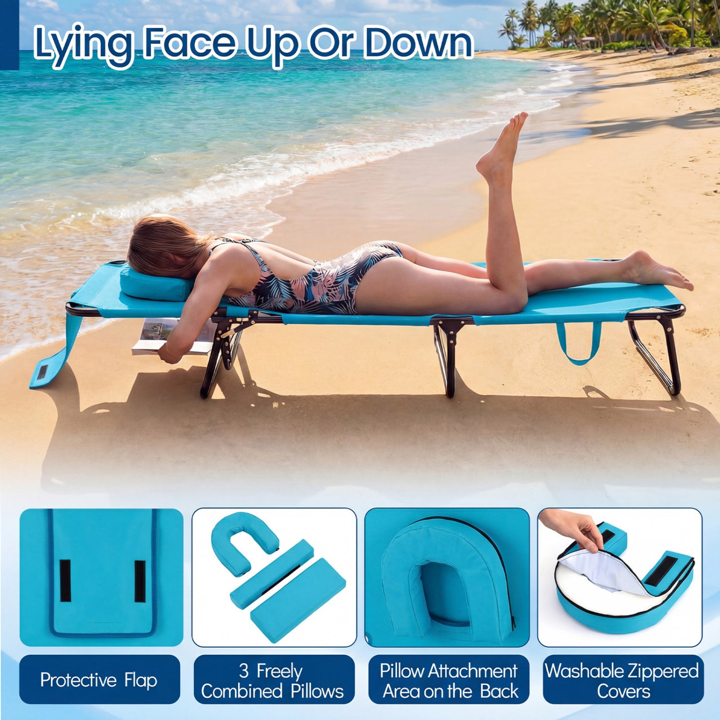 Folding Tanning Chair with Face Hole & 3 Removable Pillows
