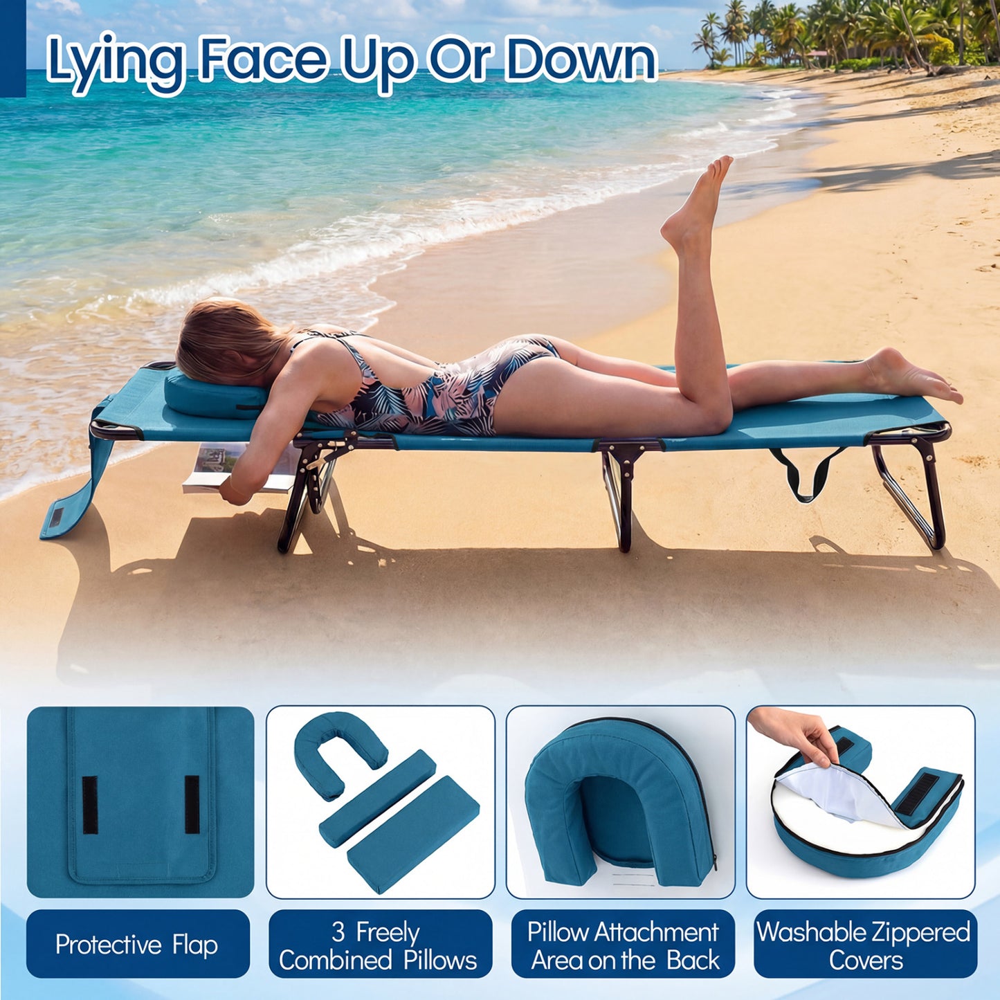 Folding Tanning Chair with Face Hole & 3 Removable Pillows