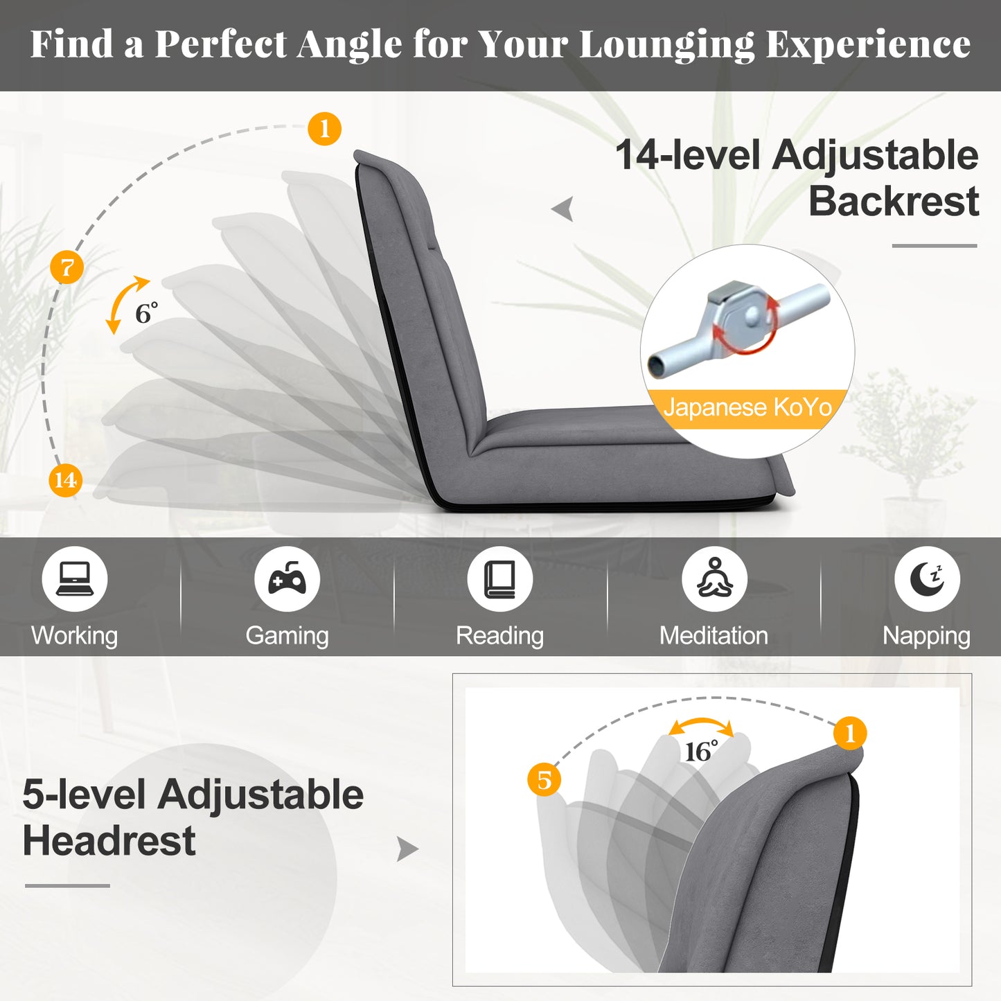 Folding Floor Chair with 14-Position Adjustable Backrest