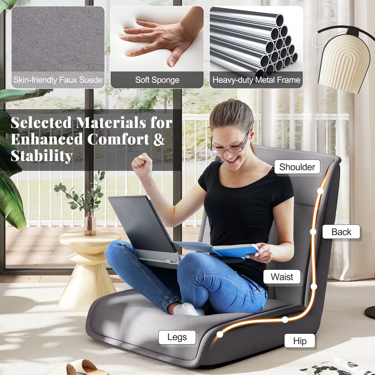 Folding Floor Chair with 14-Position Adjustable Backrest