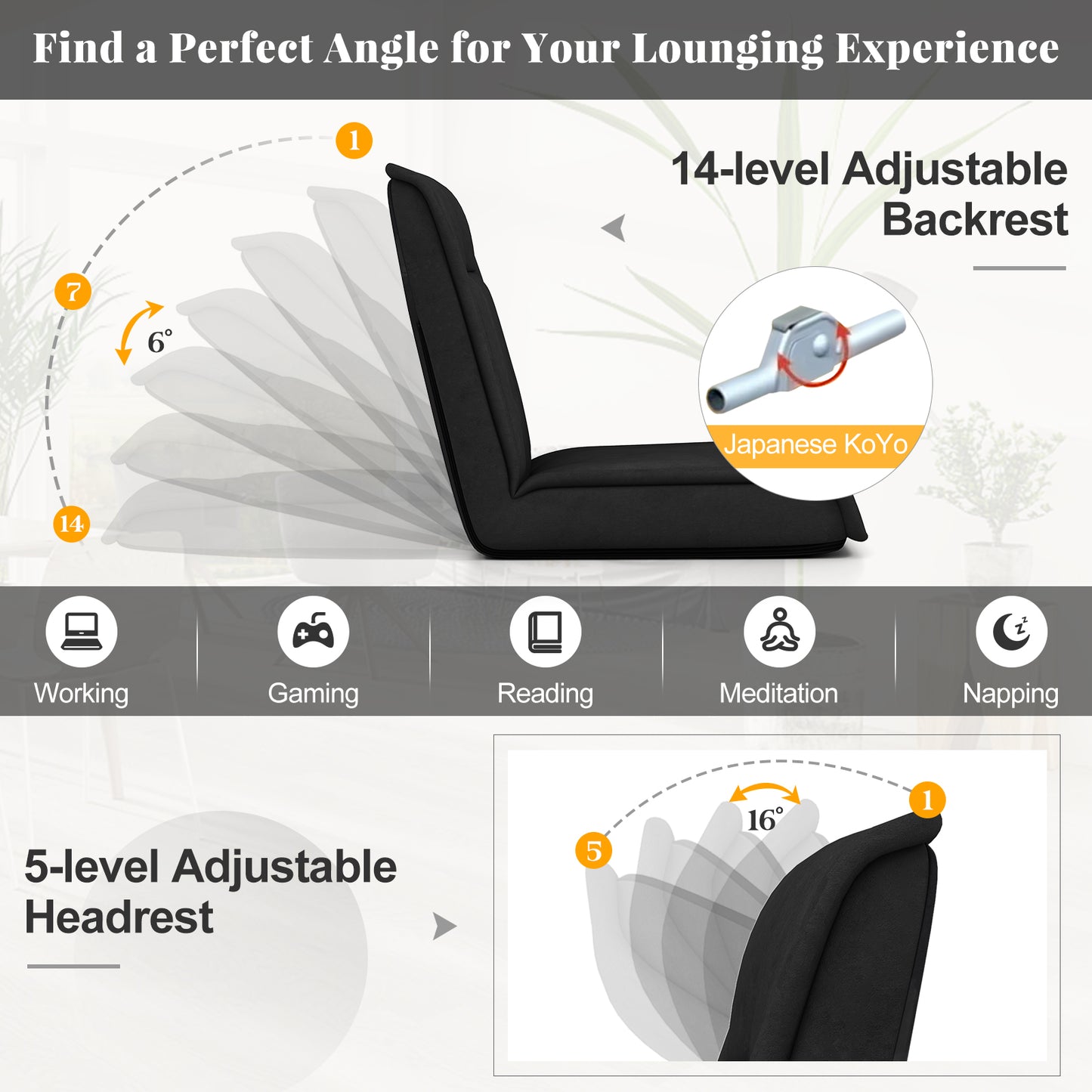 Folding Floor Chair with 14-Position Adjustable Backrest