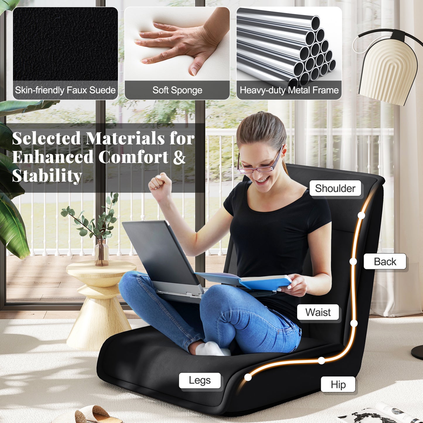 Folding Floor Chair with 14-Position Adjustable Backrest