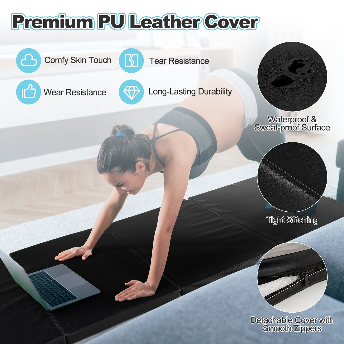 Folding Gymnastics Mat with Carry Handles and Sweatproof Detachable PU Leather Cover