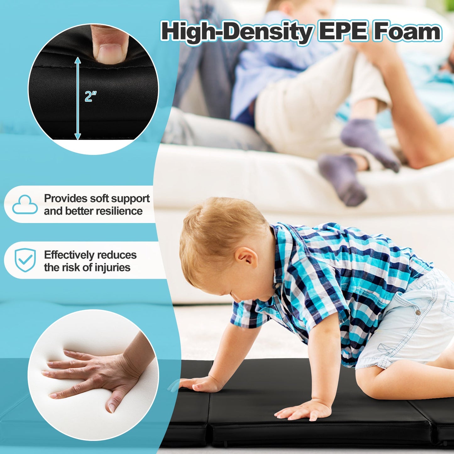 Folding Gymnastics Mat with Carry Handles and Sweatproof Detachable PU Leather Cover