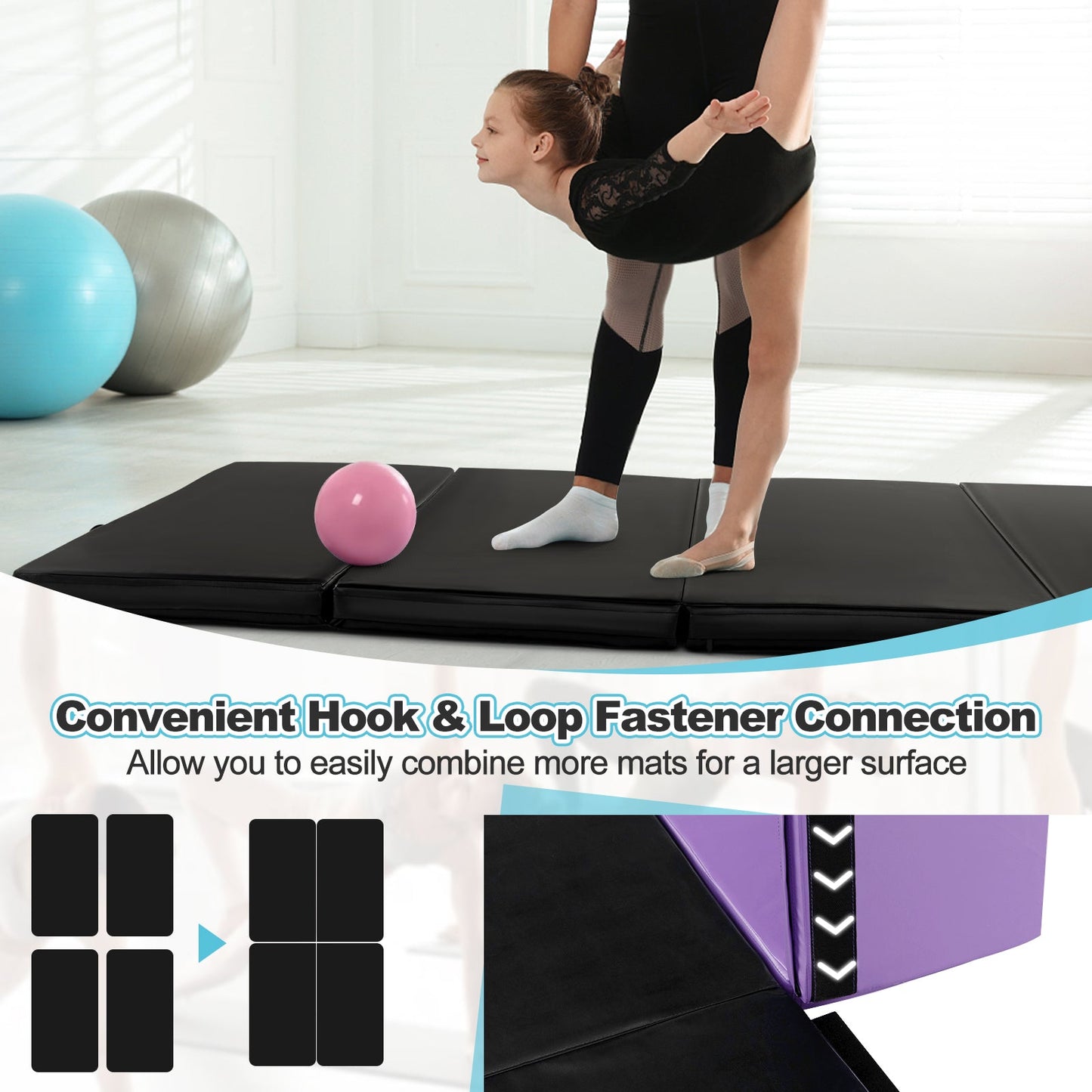 Folding Gymnastics Mat with Carry Handles and Sweatproof Detachable PU Leather Cover