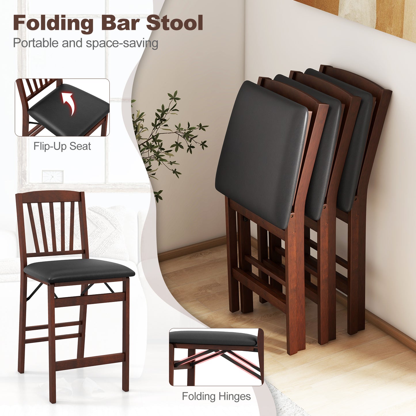 Folding Counter Height Bar Stools with Padded Seat, Set of 2