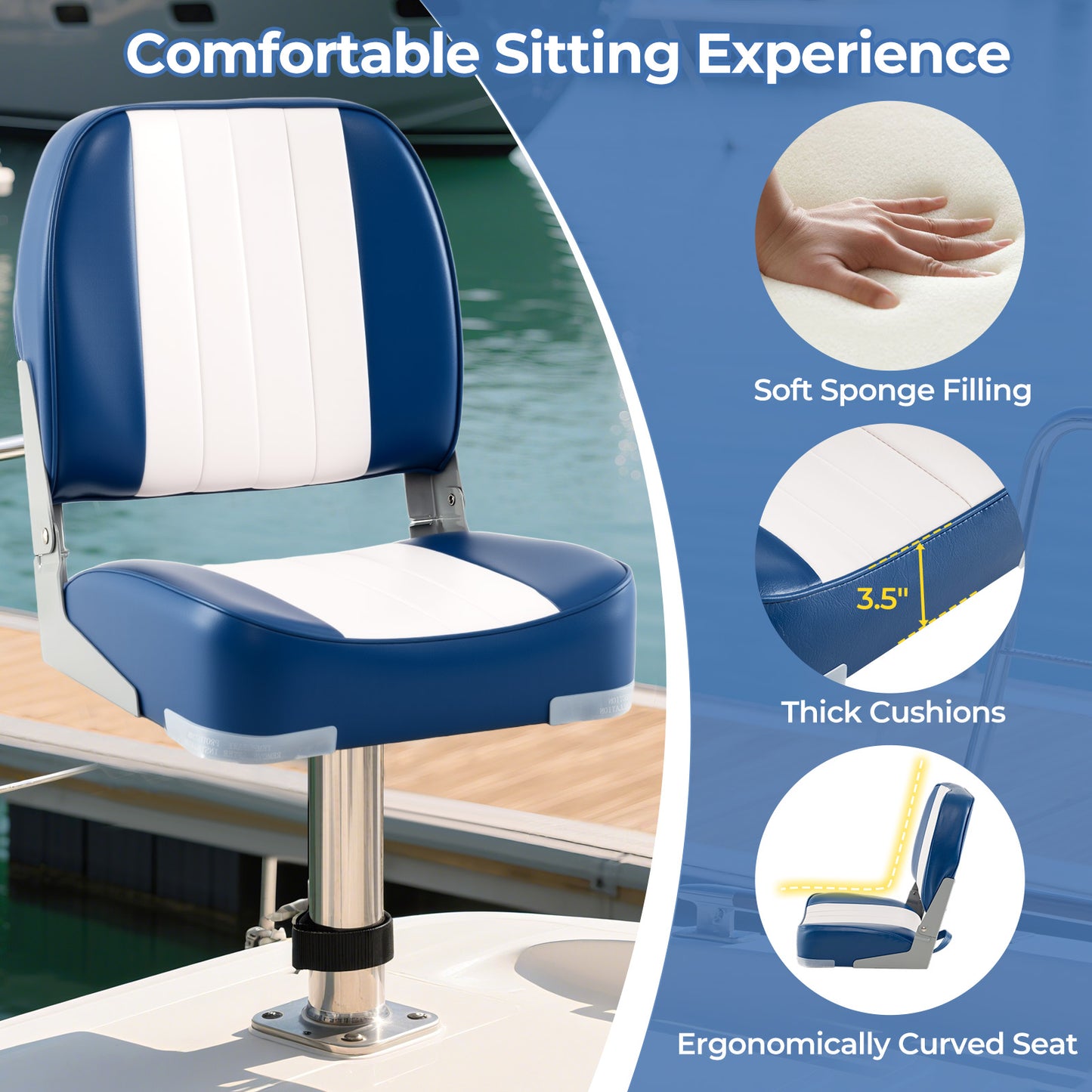 Folding Boat Seats 2-Pack Low Back Waterproof Marine Chairs