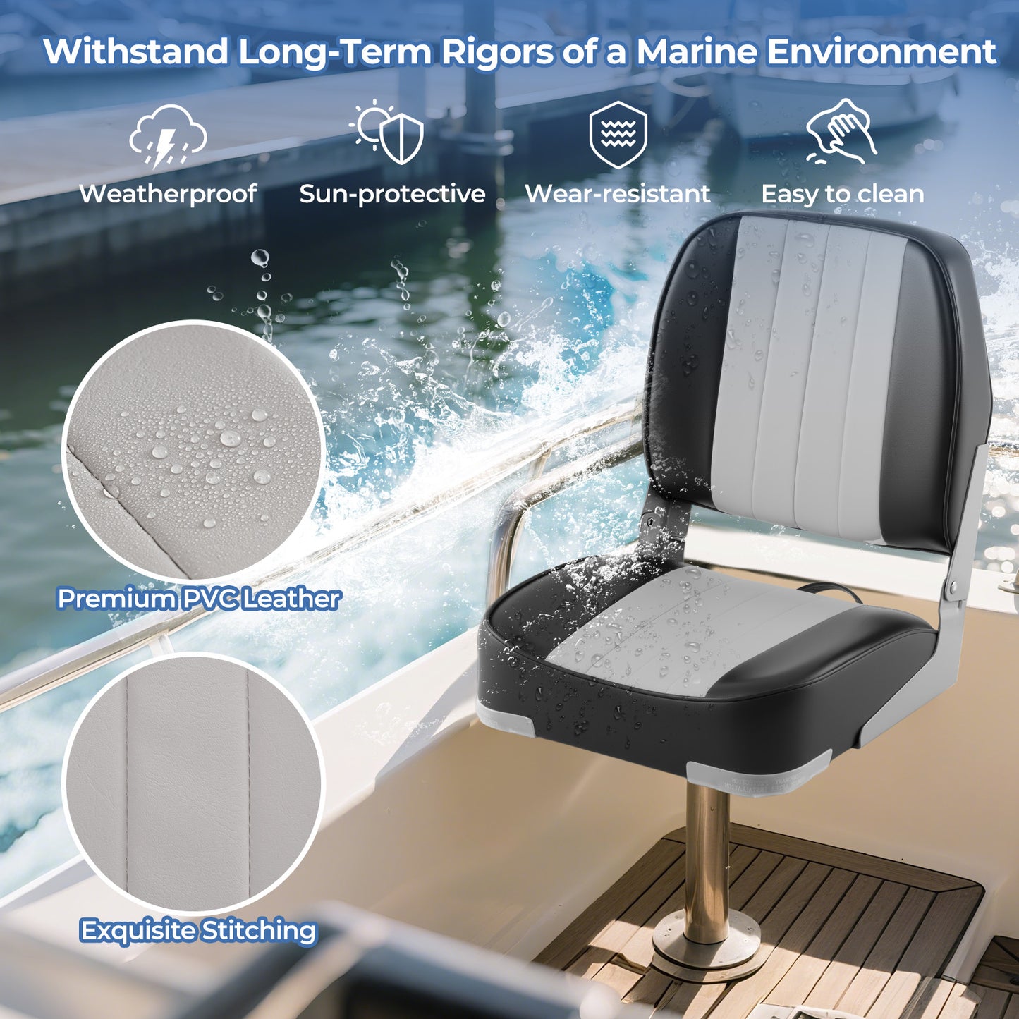 Folding Boat Seats 2-Pack Low Back Waterproof Marine Chairs