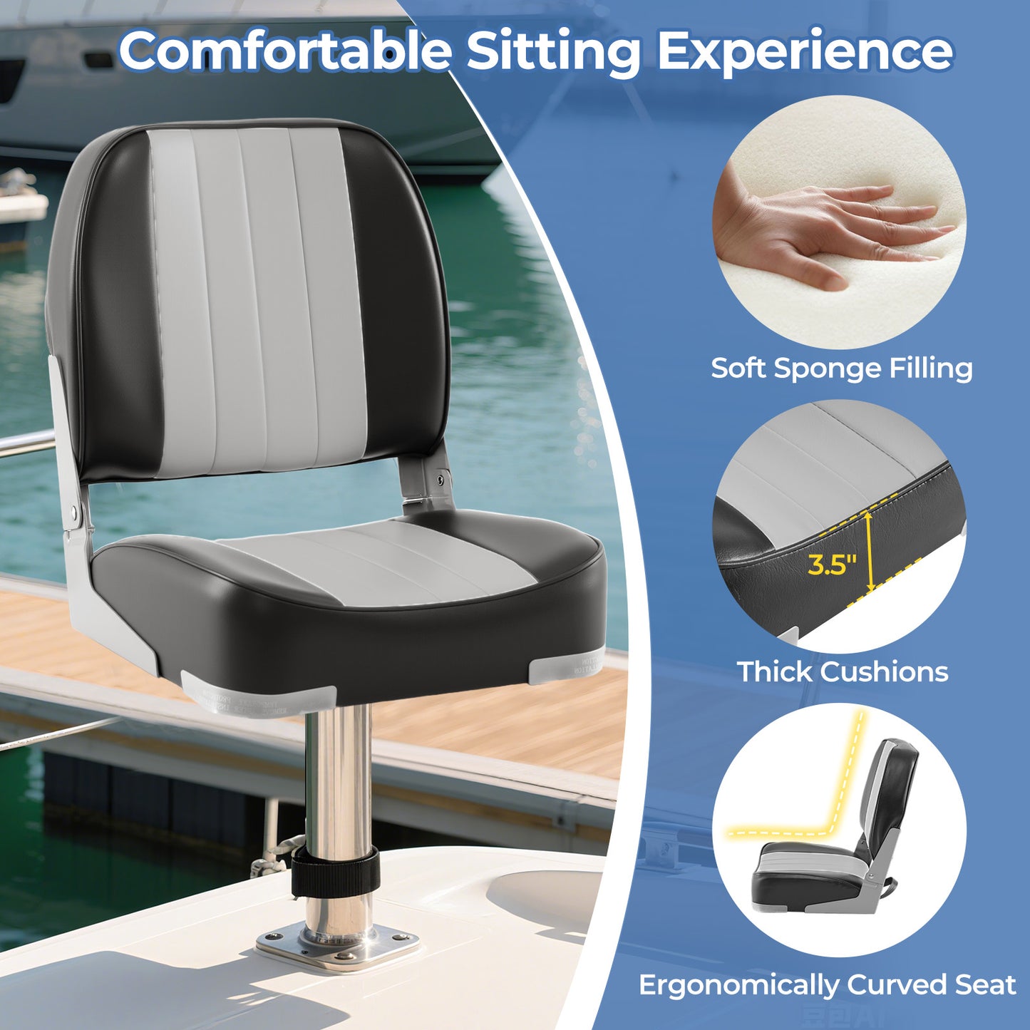 Folding Boat Seats 2-Pack Low Back Waterproof Marine Chairs