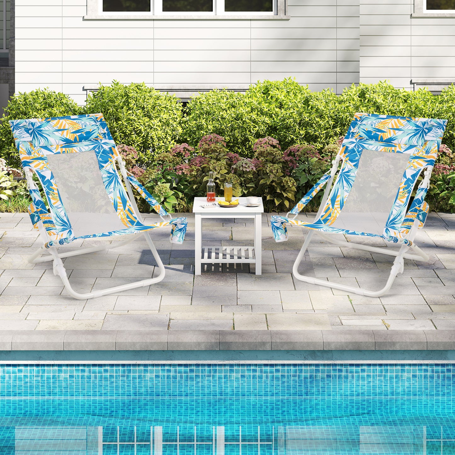 Folding Low Beach Chair Set of 2 with Padded Headrest