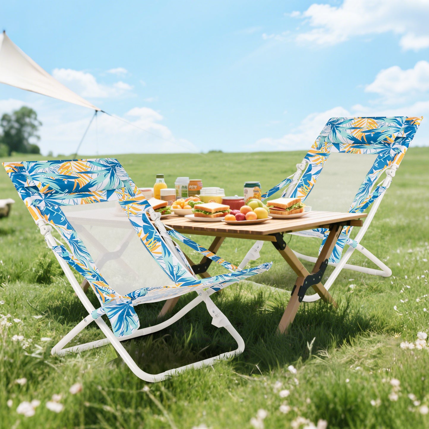 Folding Low Beach Chair Set of 2 with Padded Headrest