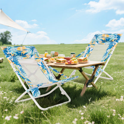 Folding Low Beach Chair Set of 2 with Padded Headrest