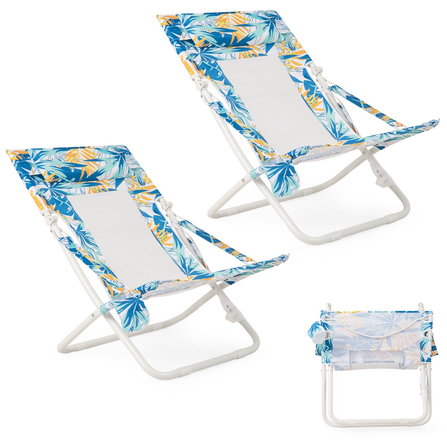 Folding Low Beach Chair Set of 2 with Padded Headrest