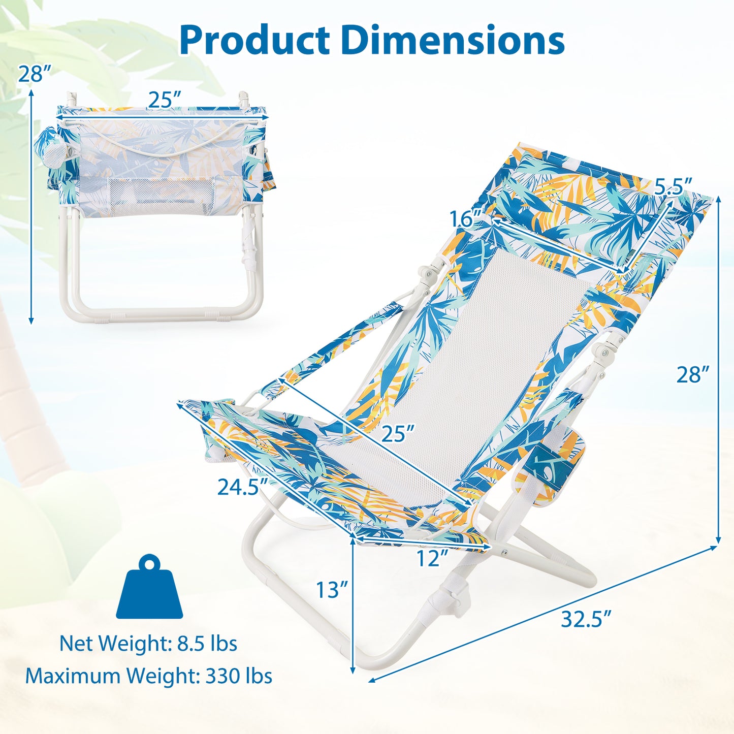 Folding Low Beach Chair Set of 2 with Padded Headrest