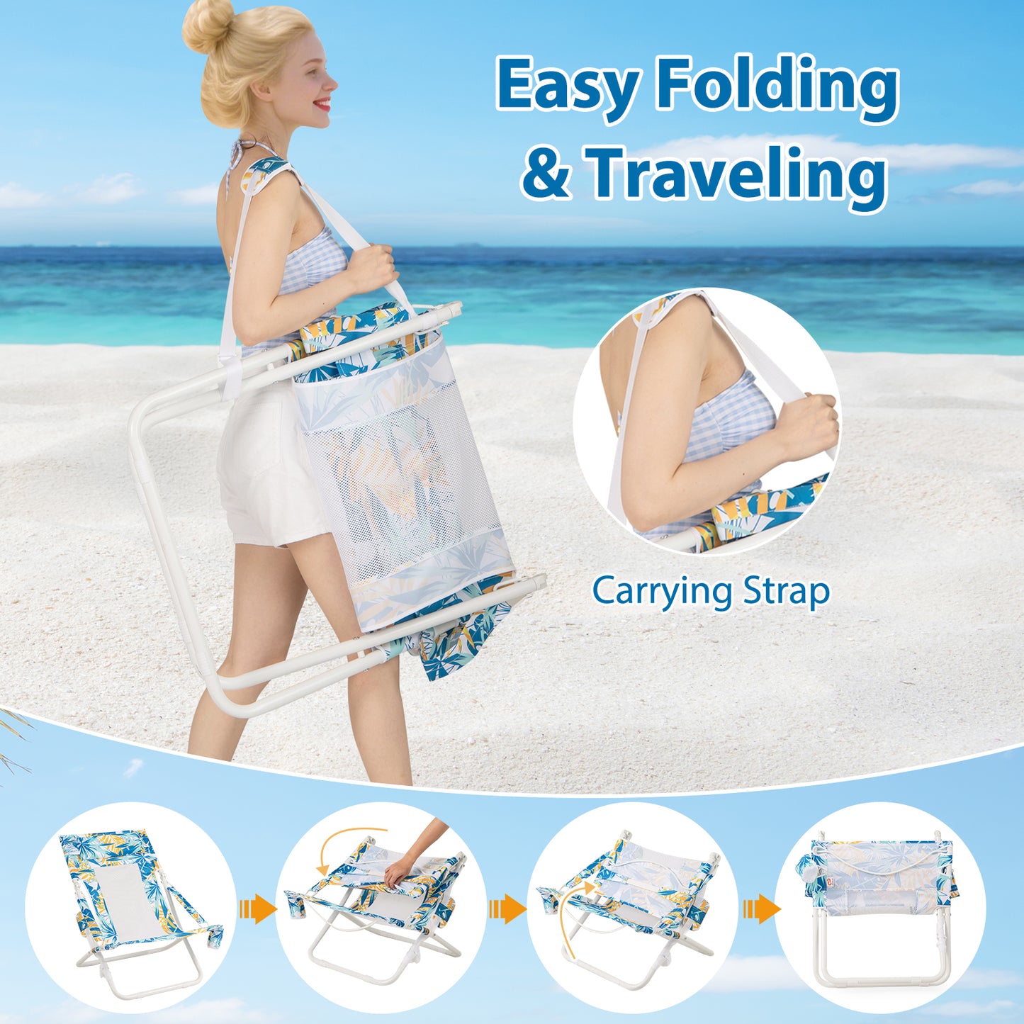 Folding Low Beach Chair Set of 2 with Padded Headrest
