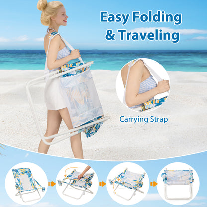 Folding Low Beach Chair Set of 2 with Padded Headrest