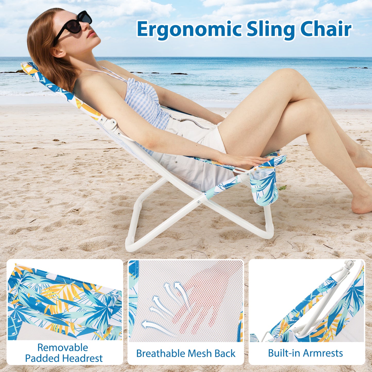 Folding Low Beach Chair Set of 2 with Padded Headrest