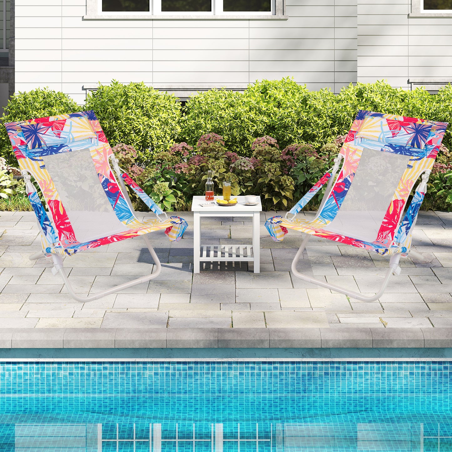 Folding Low Beach Chair Set of 2 with Padded Headrest