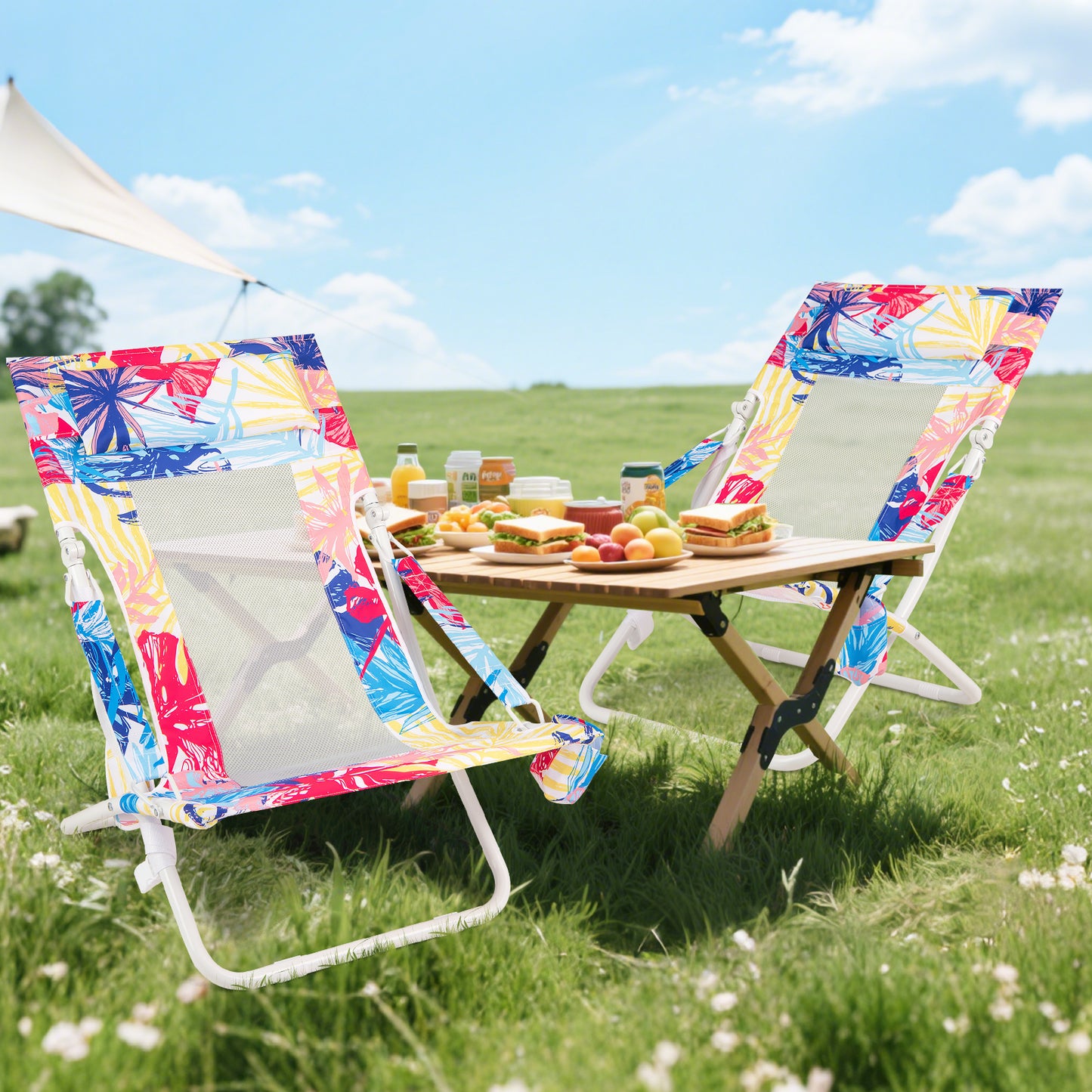 Folding Low Beach Chair Set of 2 with Padded Headrest