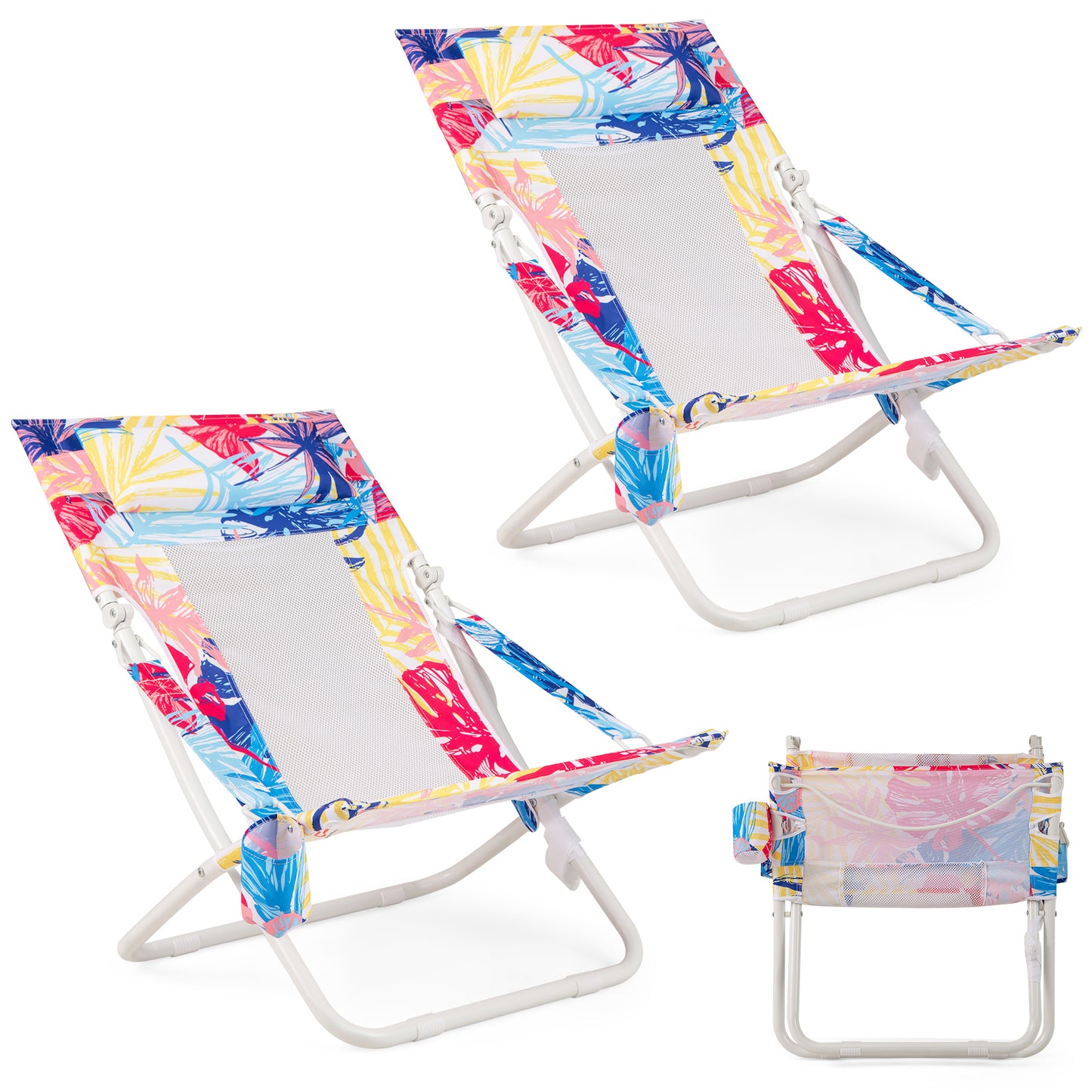Folding Low Beach Chair Set of 2 with Padded Headrest