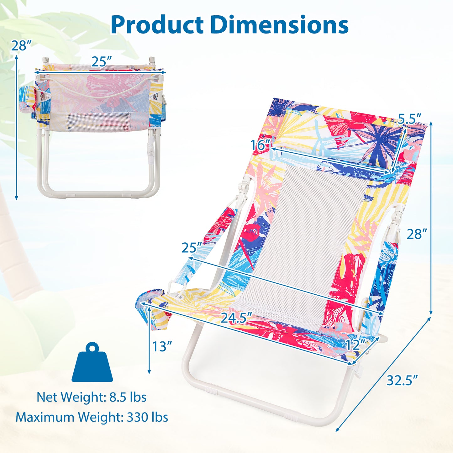 Folding Low Beach Chair Set of 2 with Padded Headrest
