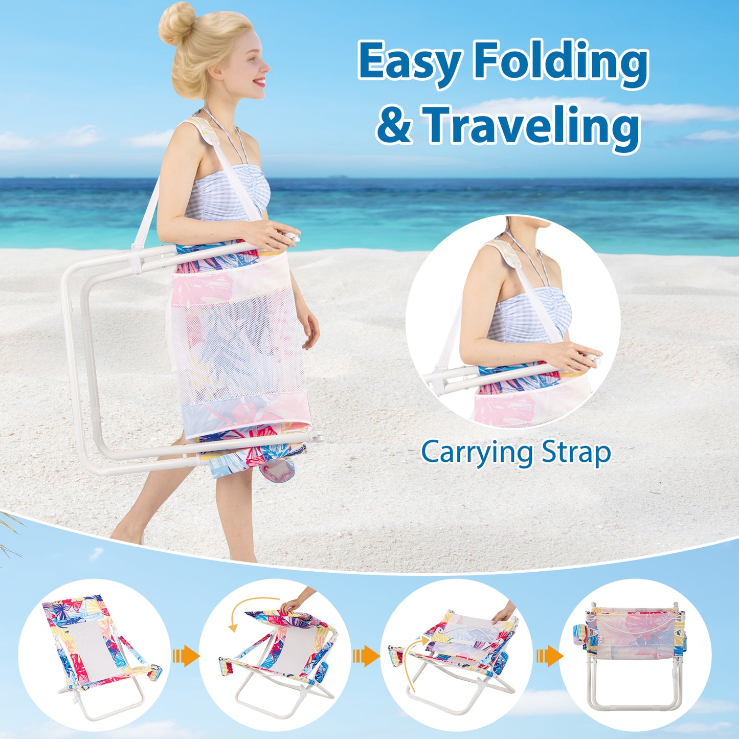 Folding Low Beach Chair Set of 2 with Padded Headrest