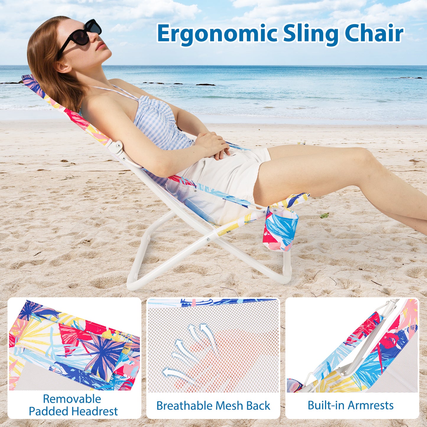 Folding Low Beach Chair Set of 2 with Padded Headrest