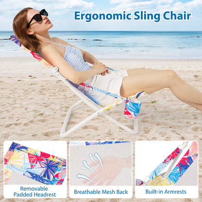 Folding Low Beach Chair Set of 2 with Padded Headrest