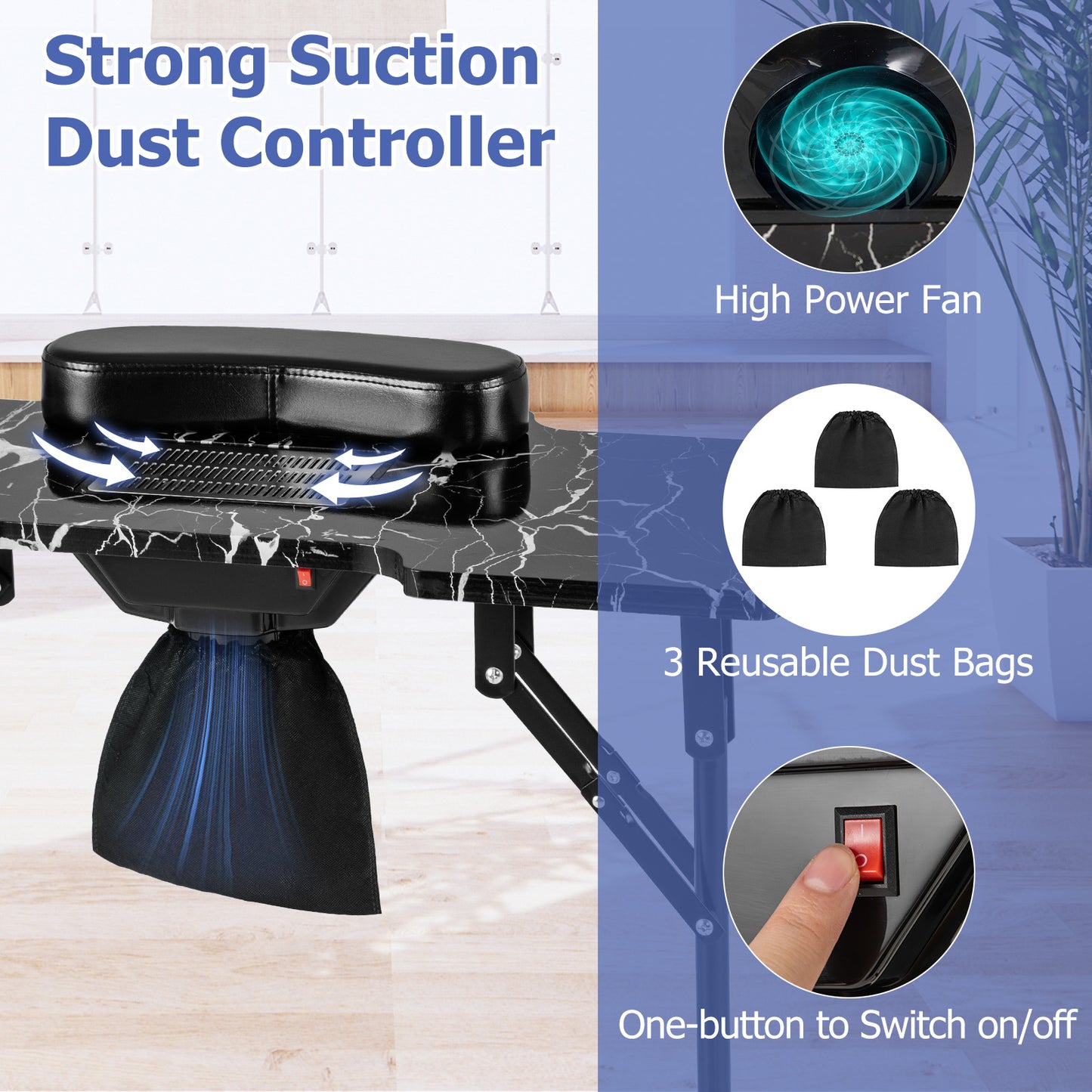 Folding Manicure Nail Table with Electric Dust Collector-Black