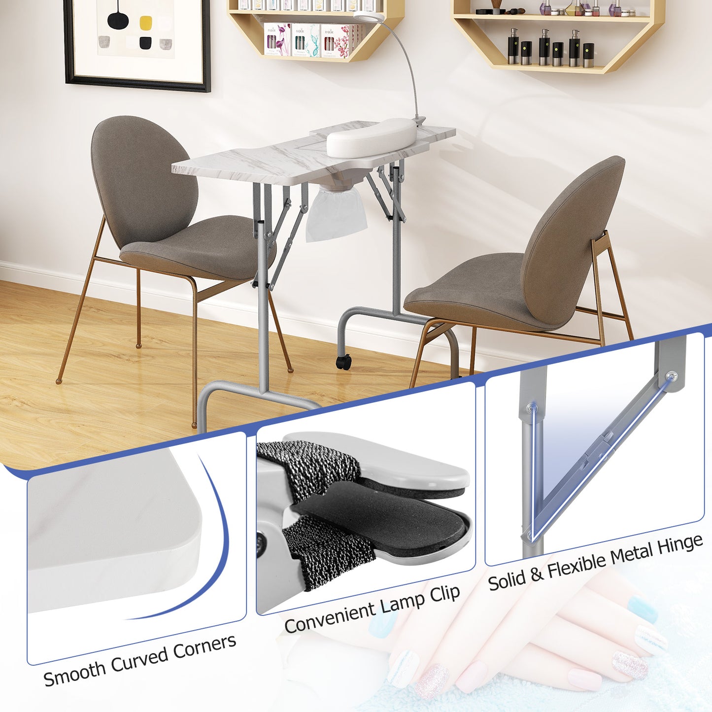 Folding Manicure Nail Table with Electric Dust Collector-White