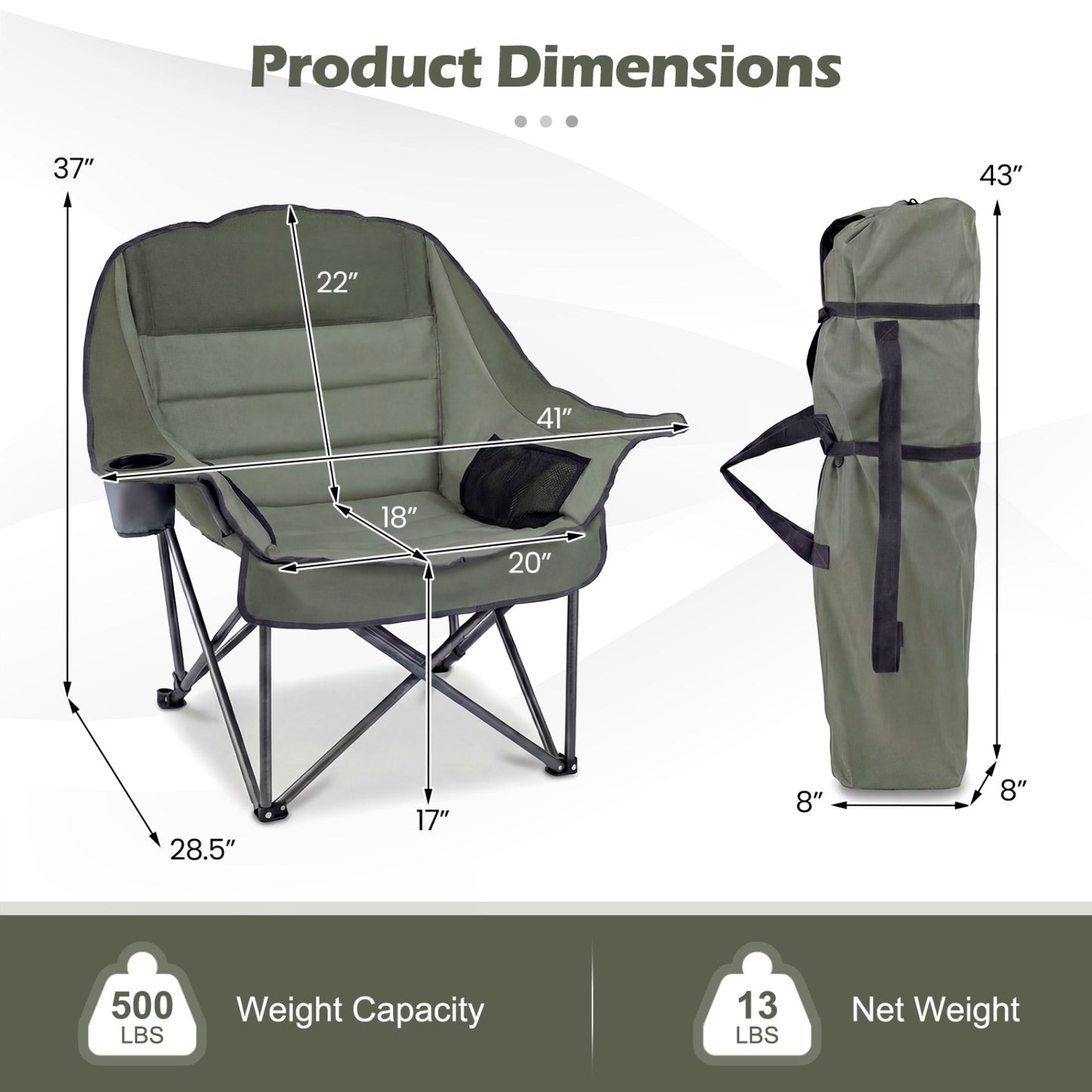 Oversized Folding Camping Chair with Cup Holder - 500 lbs