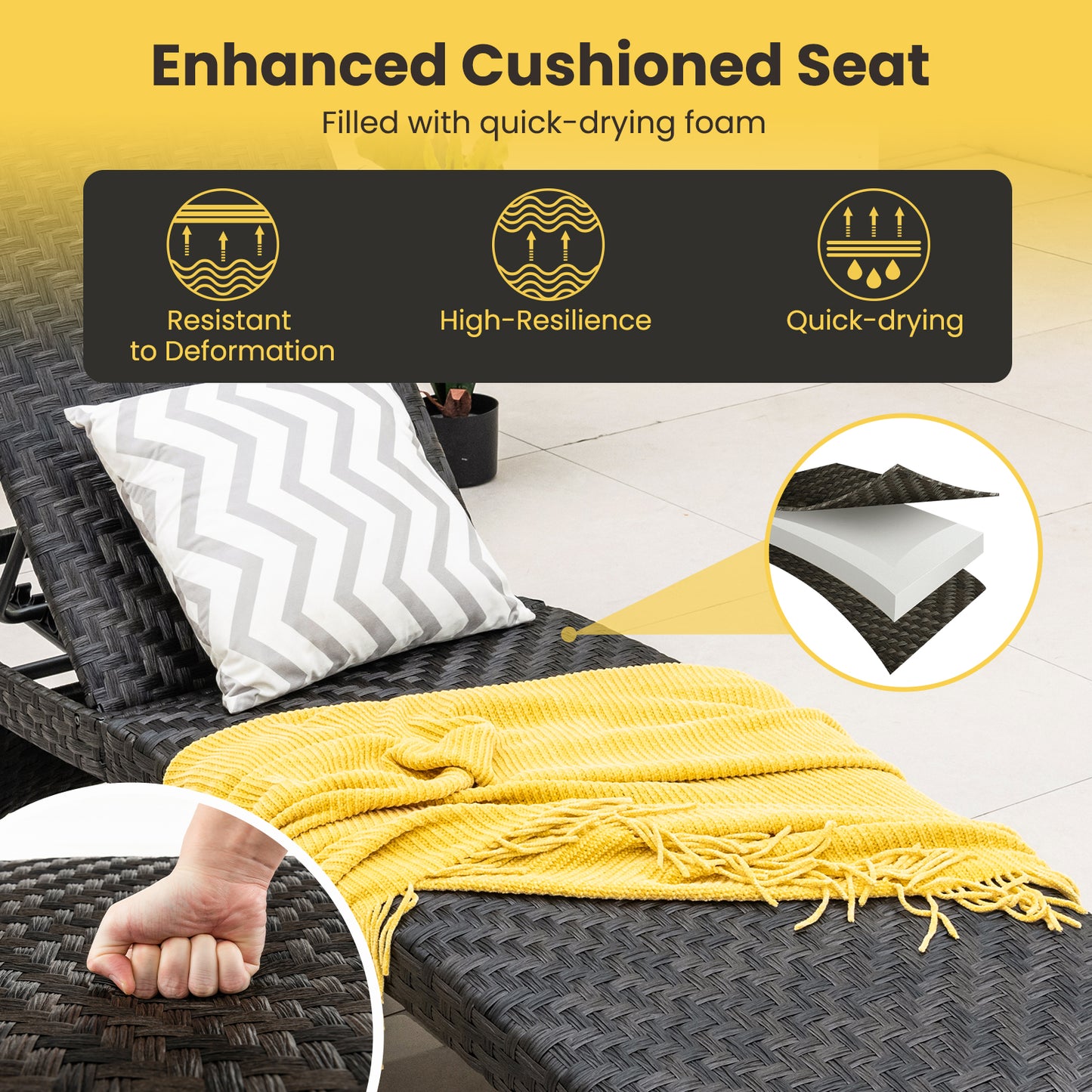 Folding Rattan Chaise Lounge with Adjustable Backrest