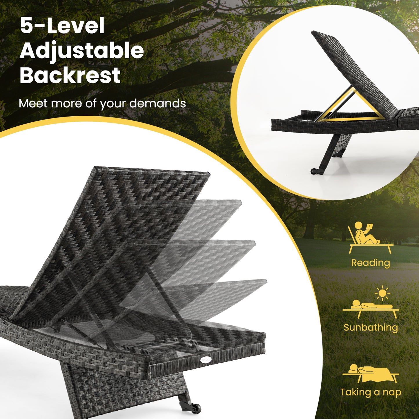 Folding Rattan Chaise Lounge with Adjustable Backrest