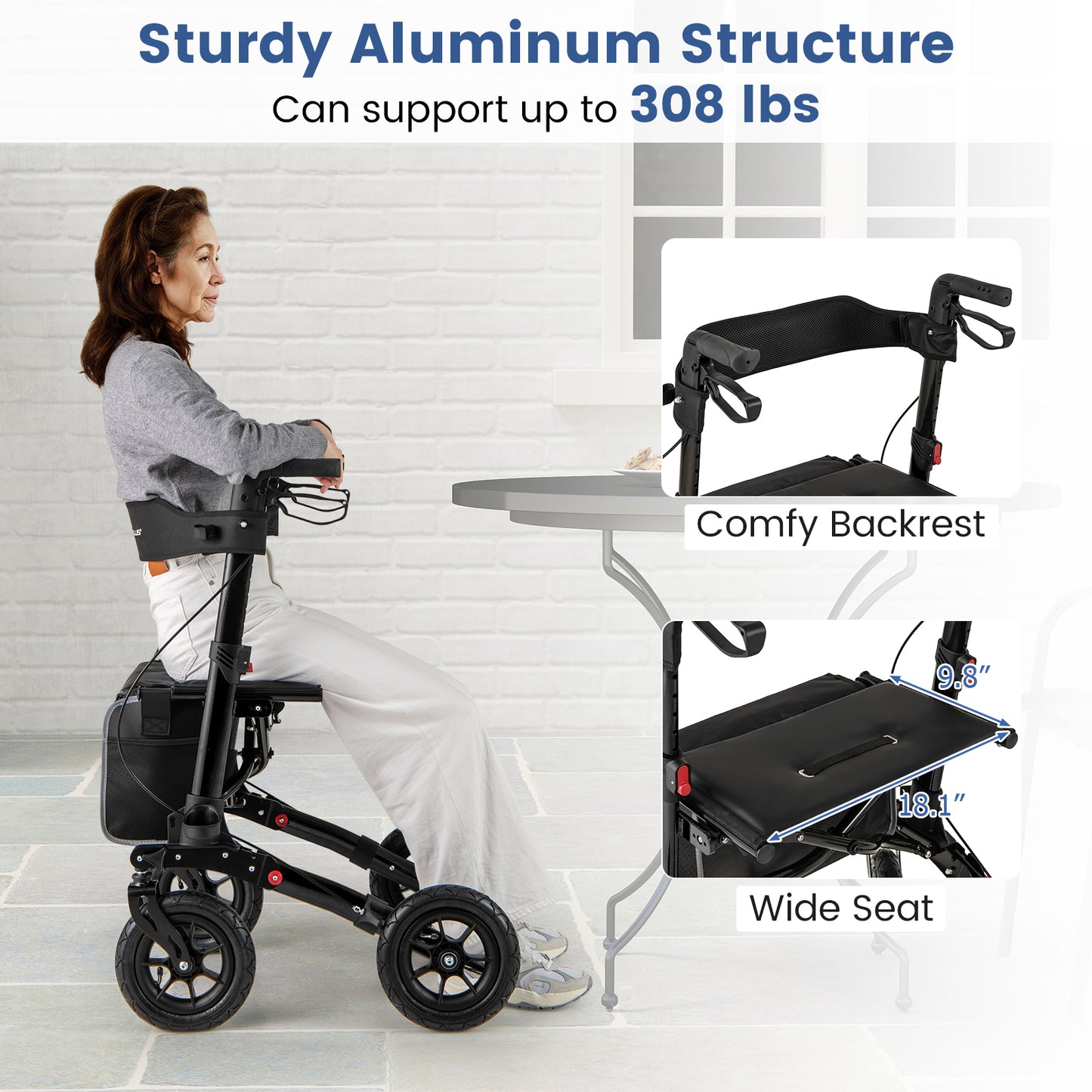 Folding Rollator Walker for Seniors with Seat for All Terrain-Black