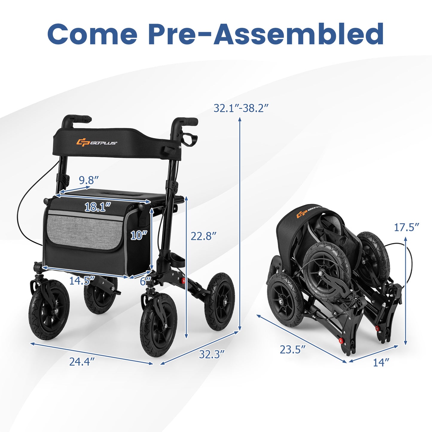 Folding Rollator Walker for Seniors with Seat for All Terrain-Black