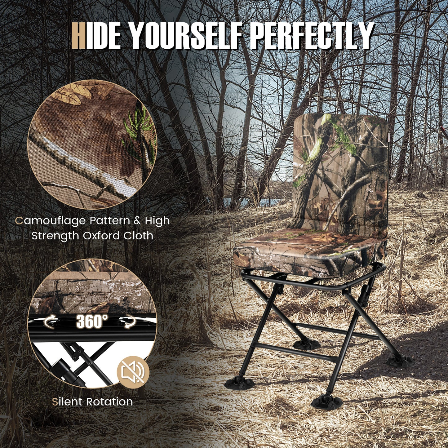 Swivel Folding Camping Chair with Padded Cushion - Camouflage