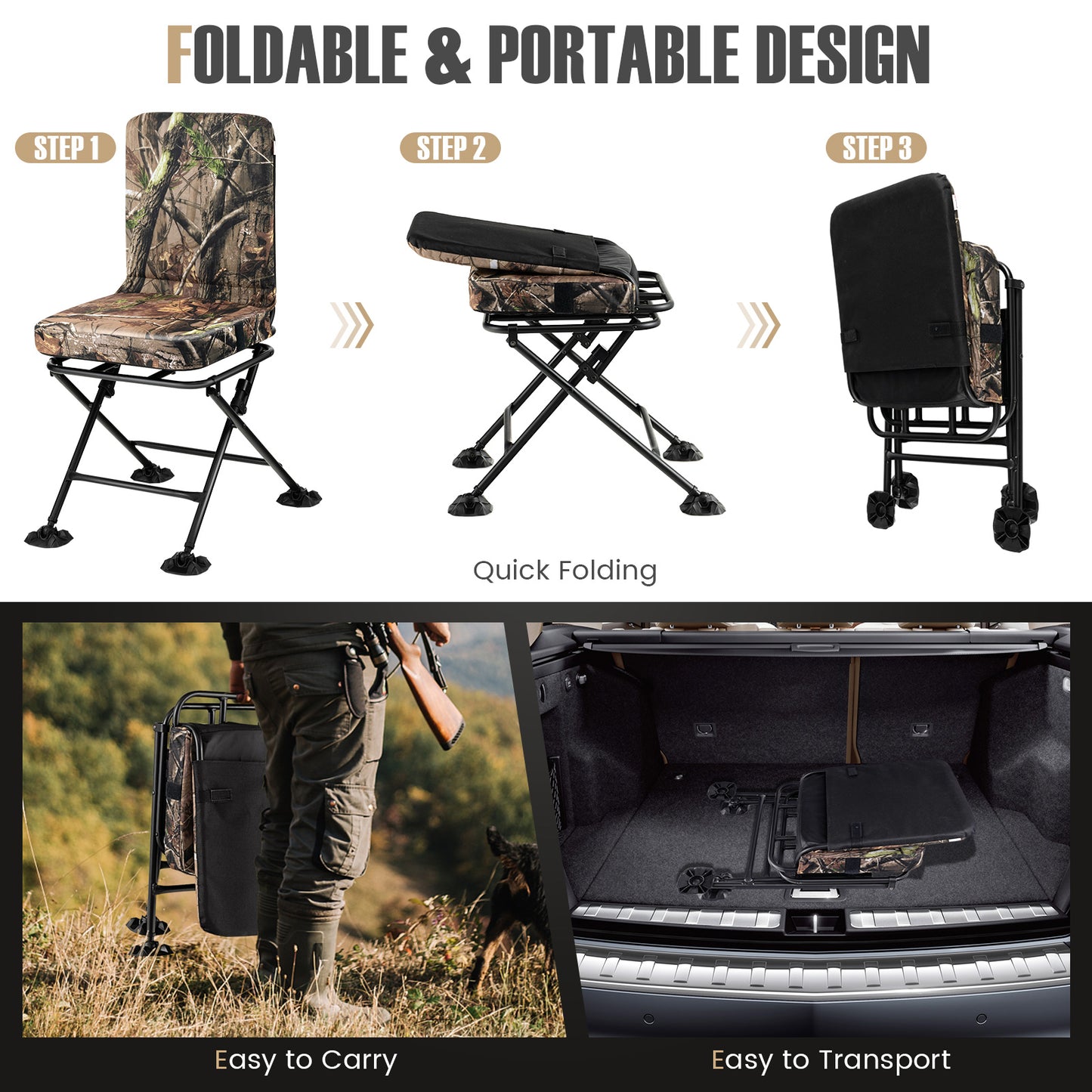 Swivel Folding Camping Chair with Padded Cushion - Camouflage