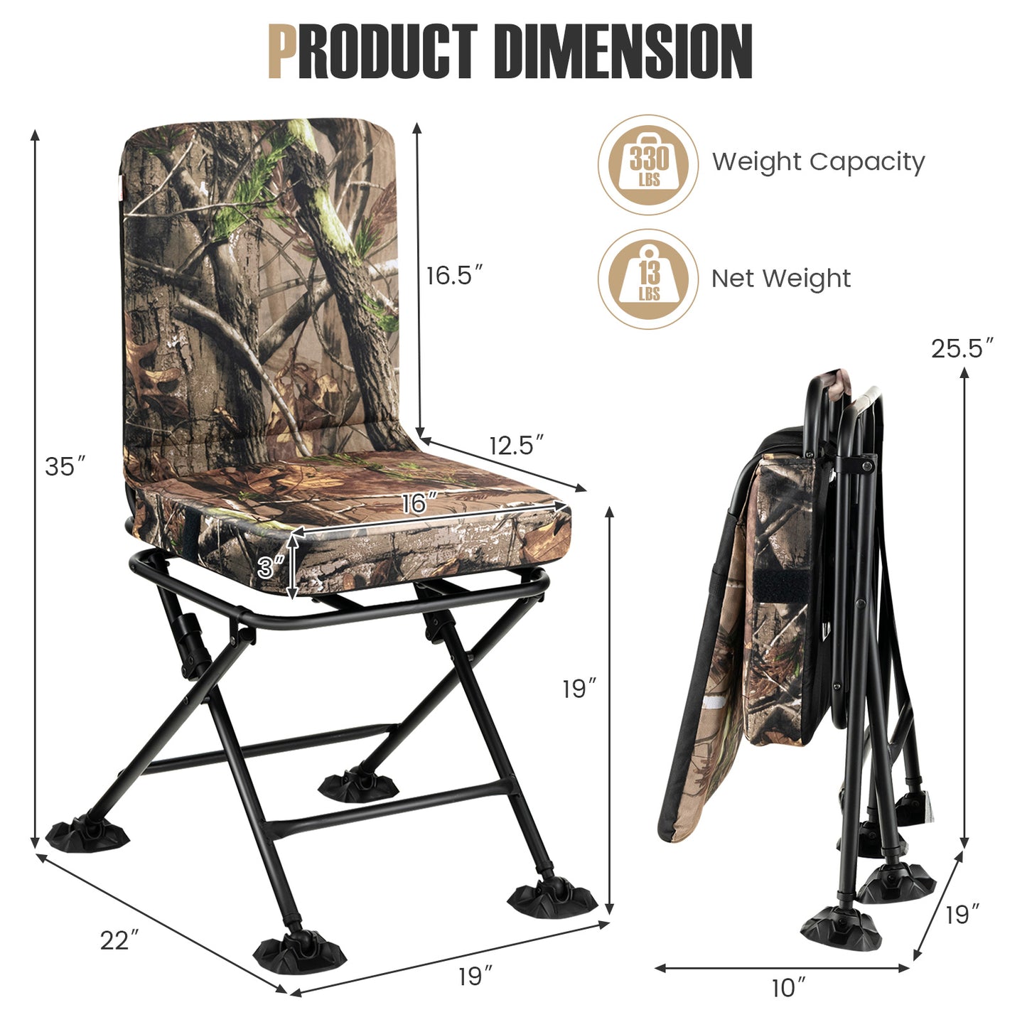 Swivel Folding Camping Chair with Padded Cushion - Camouflage