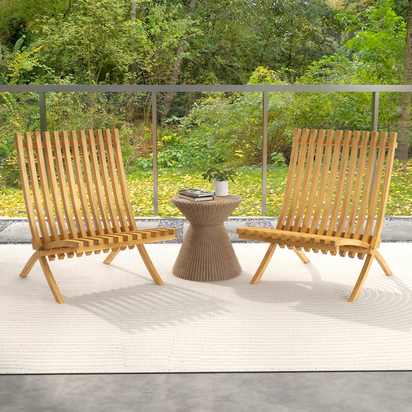 Folding Teak Wood Lounge Chair with Slatted Design