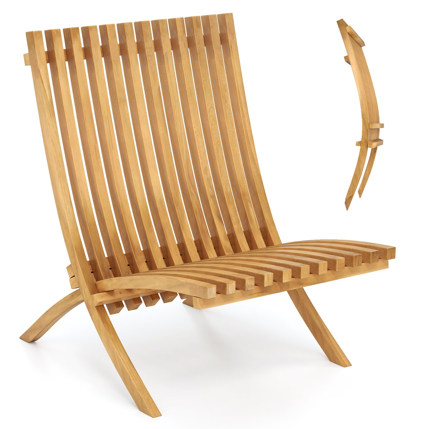 Folding Teak Wood Lounge Chair with Slatted Design