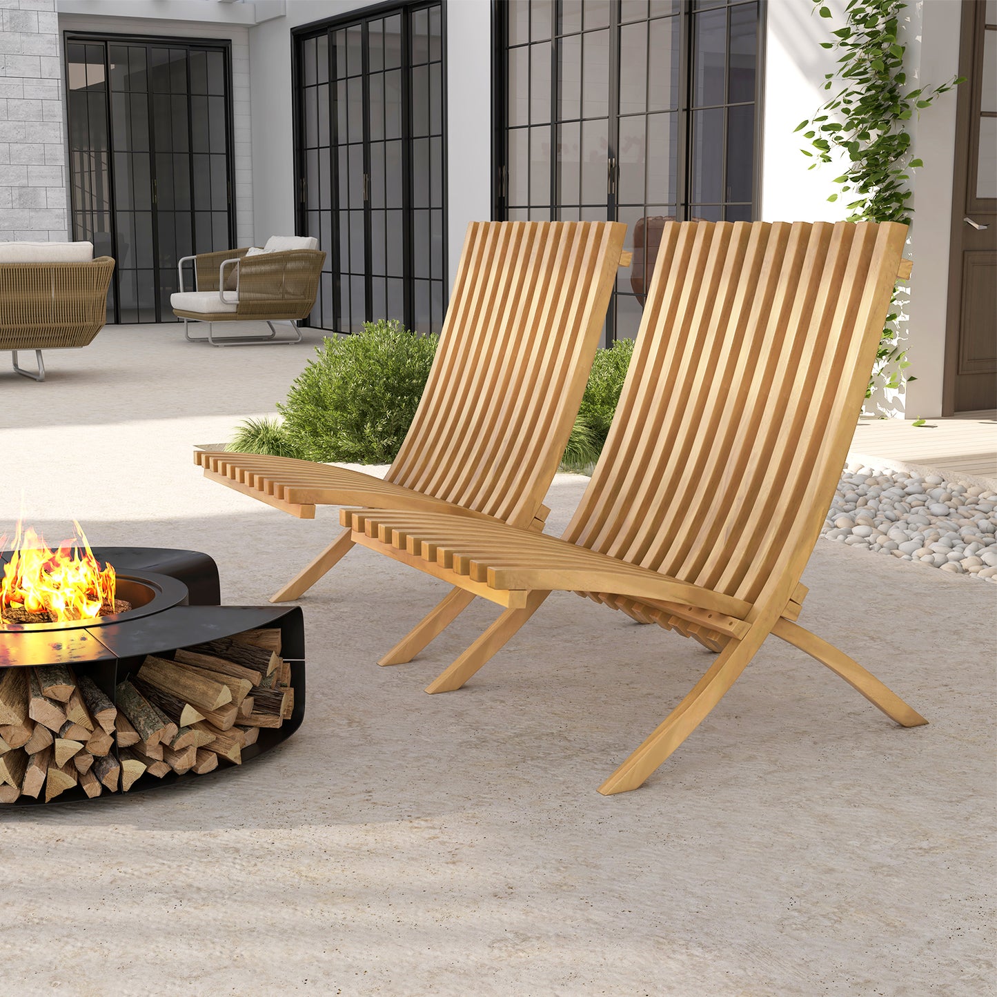 Folding Teak Wood Lounge Chair with Slatted Design