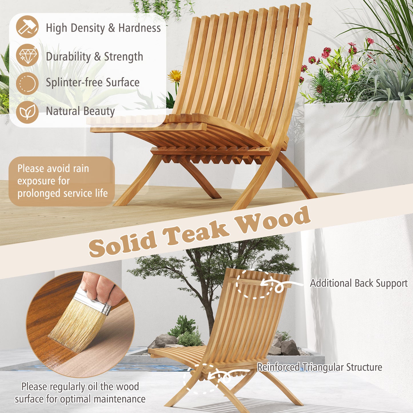 Folding Teak Wood Lounge Chair with Slatted Design