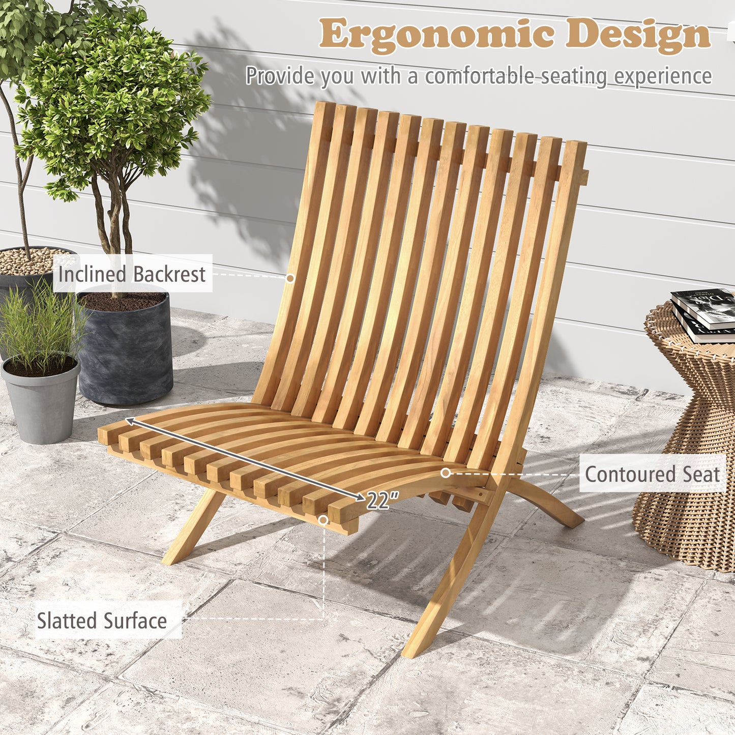 Folding Teak Wood Lounge Chair with Slatted Design