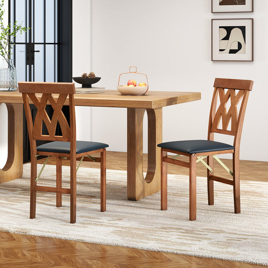 Folding Wooden Dining Chairs Set of 2 with Faux Leather Seats