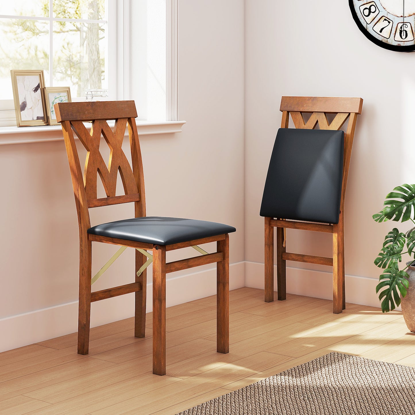 Folding Wooden Dining Chairs Set of 2 with Faux Leather Seats