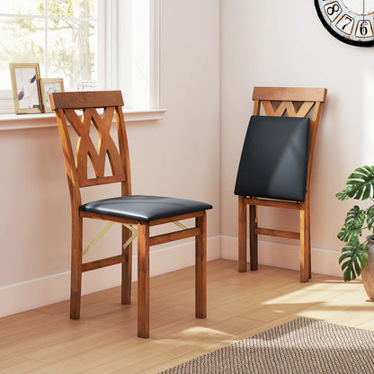 Folding Wooden Dining Chairs Set of 2 with Faux Leather Seats
