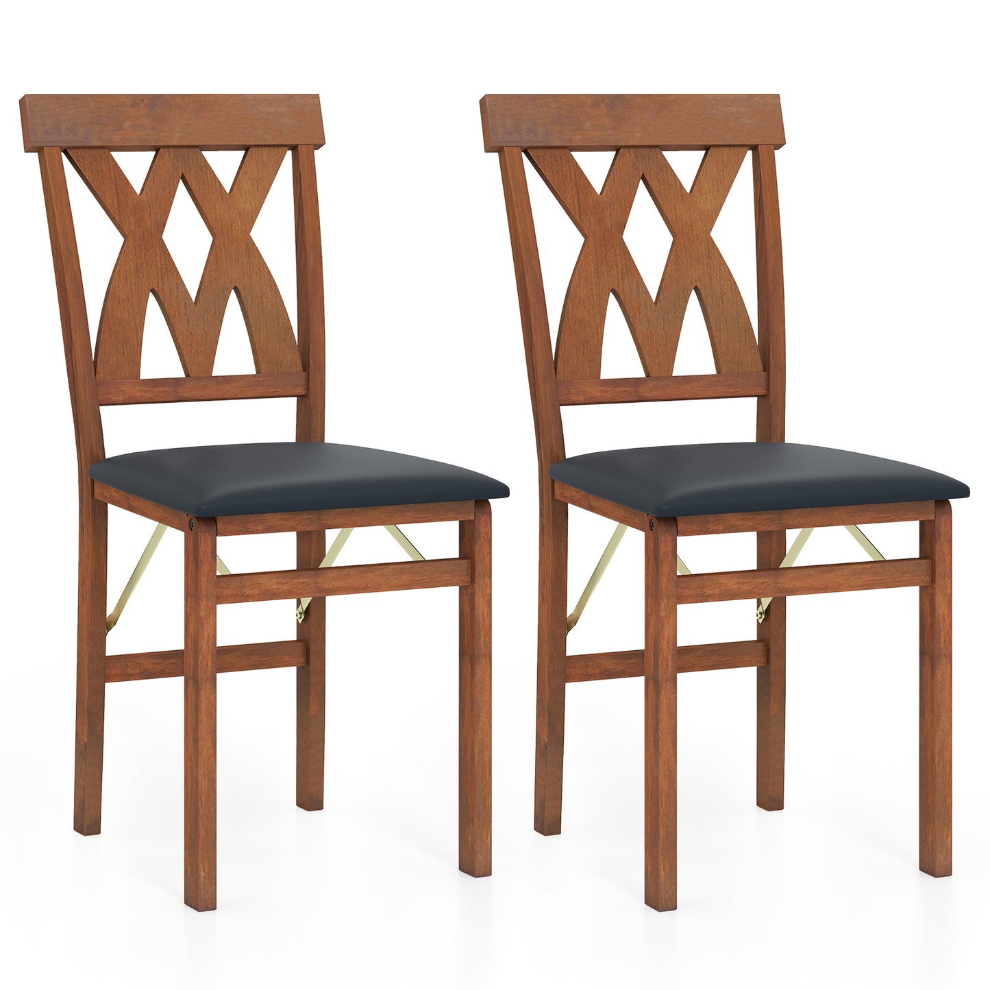 Folding Wooden Dining Chairs Set of 2 with Faux Leather Seats